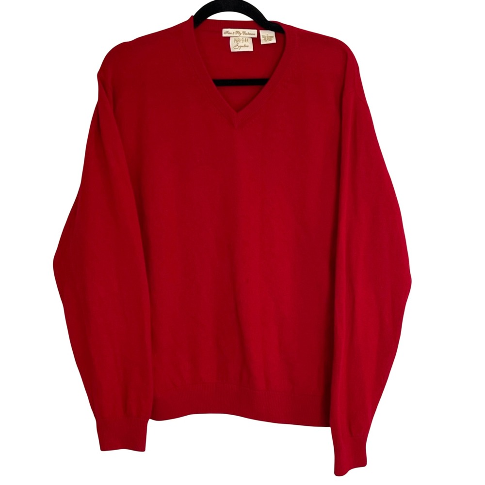 Parisian Signature Red 100% Cashmere‎ V-Neck Sweater Mens Large Fine 2-Ply Knit